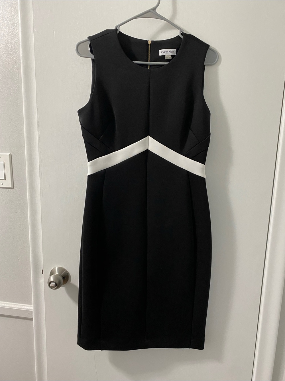 Calvin Klein Black Sheath Dress with White Waist Accent